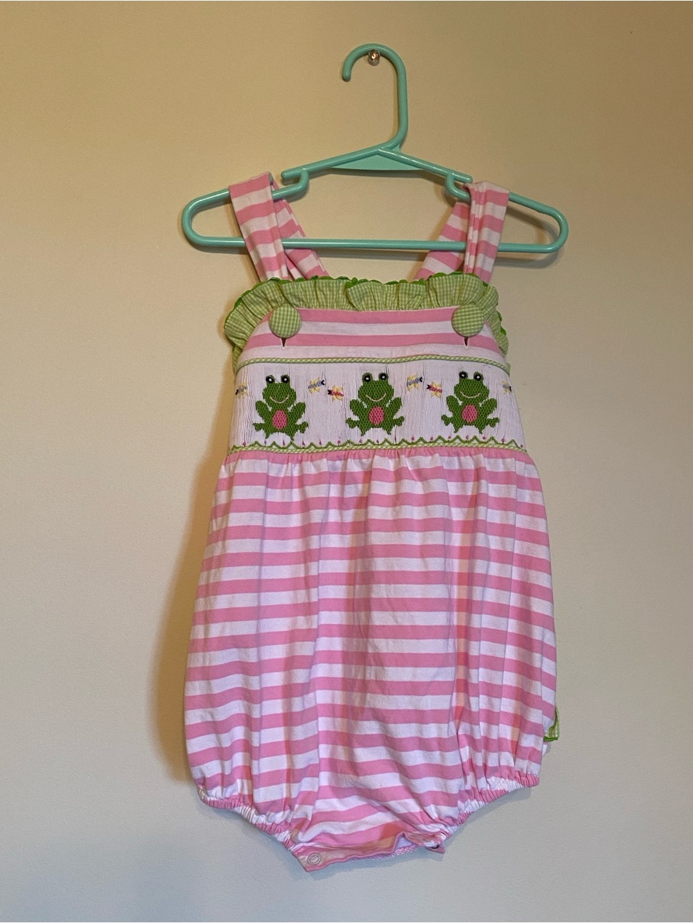 Pink & White Striped Frog Smocked Bubble Romper - Kids